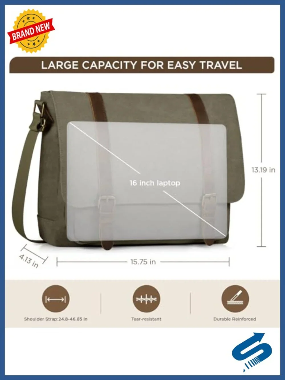 Vintage Canvas Messenger Laptop Bag for Men 15.6-16 inch Padded Shoulder Satchel